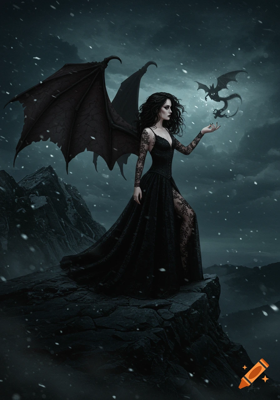 Dark fantasy art of Lillith with large bat wings and a black lace gown, standing on a snowy mountain peak holding a small shadow dragon.
