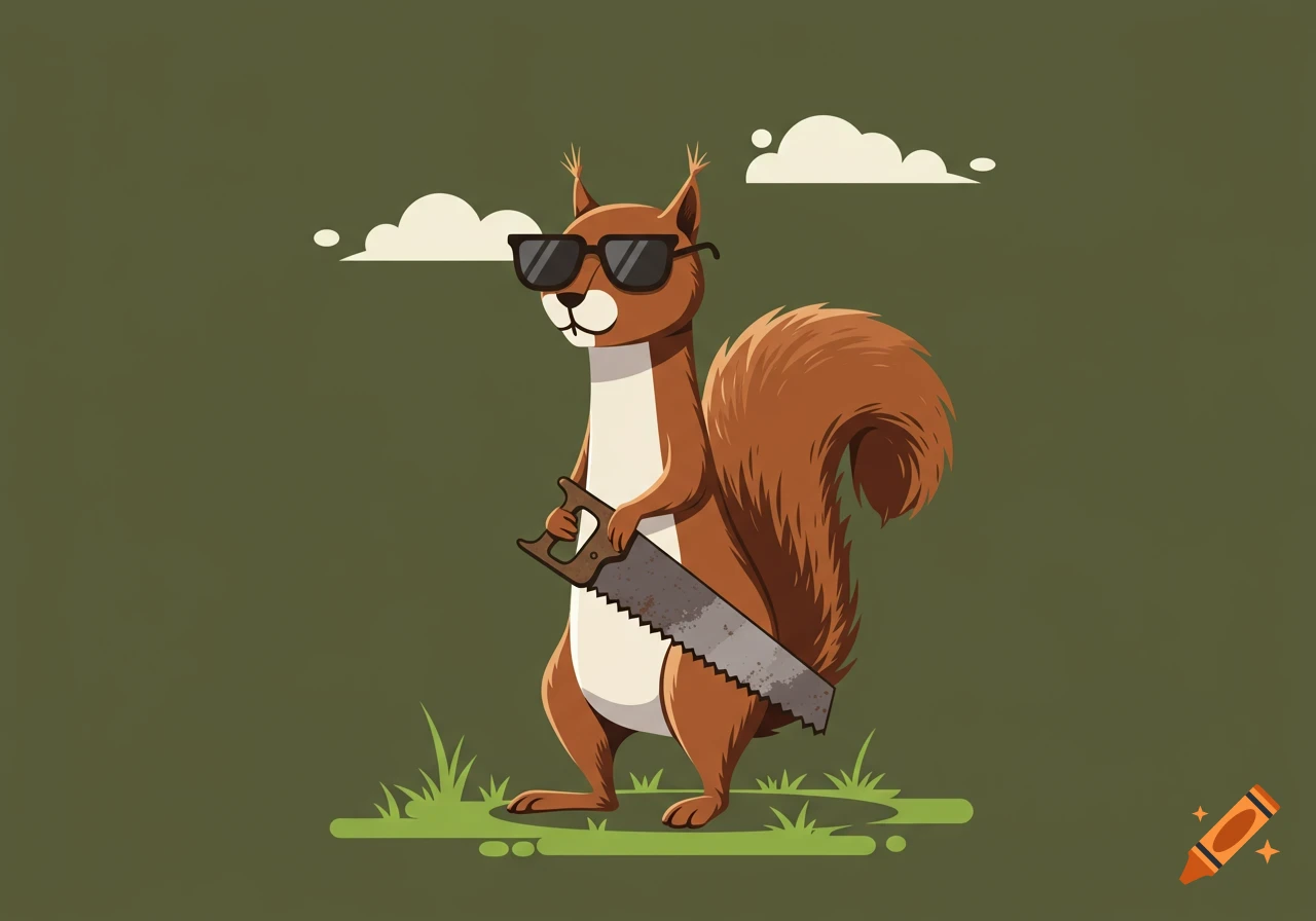 A cartoon squirrel wearing sunglasses holds an antique saw, standing on grass under stylized clouds in a simple illustration style.