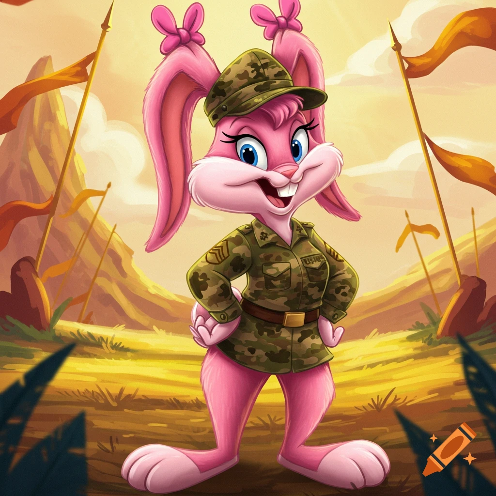 Babs Bunny from Tiny Toon Adventures with pink fur and bows, wearing a U.S. Marines camo cap and uniform, smiling in a desert-like landscape with flags.