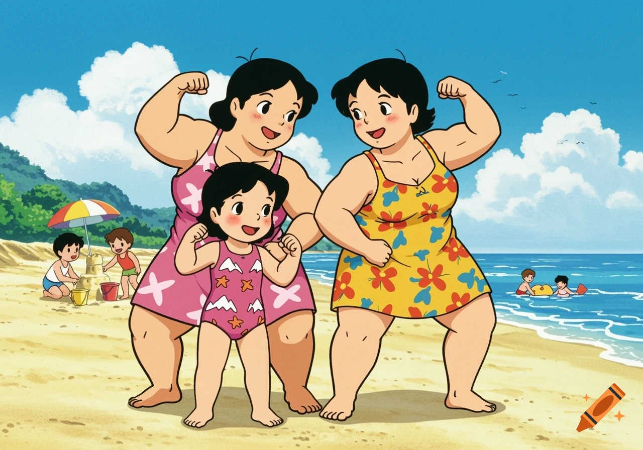 An anime drawing of a young girl and two adult women flexing their arm muscles on a sunny beach, with other children playing in the background.