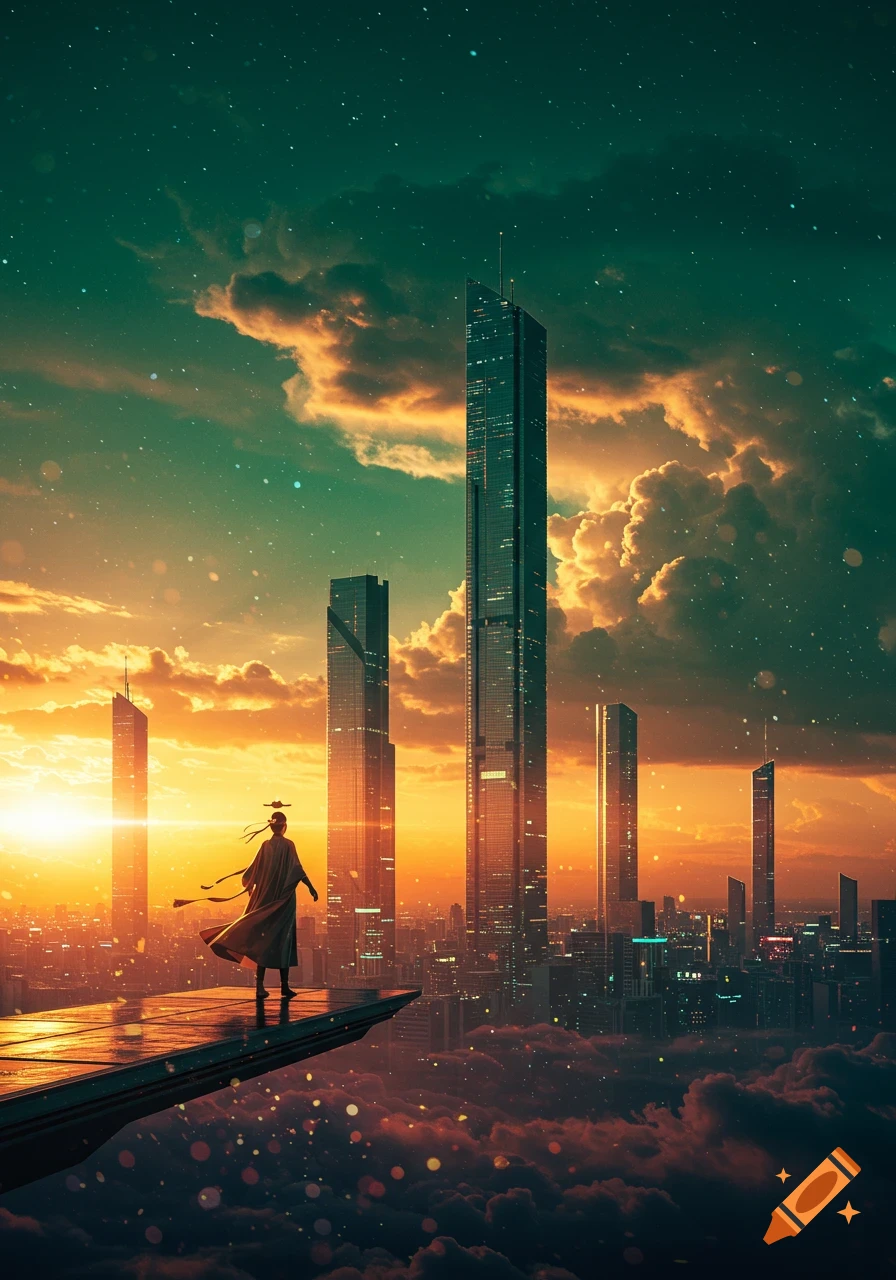 A robed figure stands on a platform, overlooking a futuristic city at sunset, with tall skyscrapers and a vibrant sky.