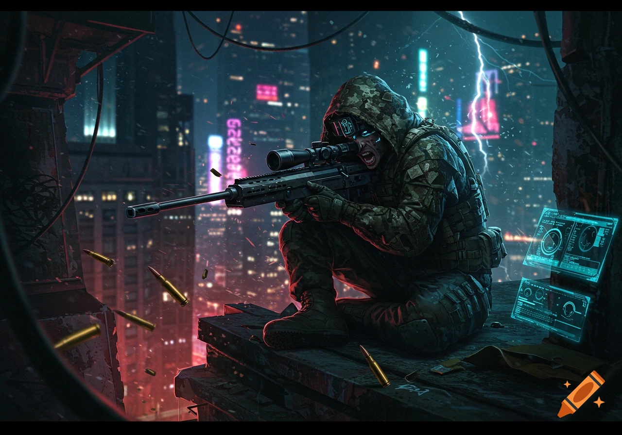A stylized cyberpunk sniper in camouflage aims a rifle from a crumbling rooftop overlooking a futuristic city at night, with glowing data screens.