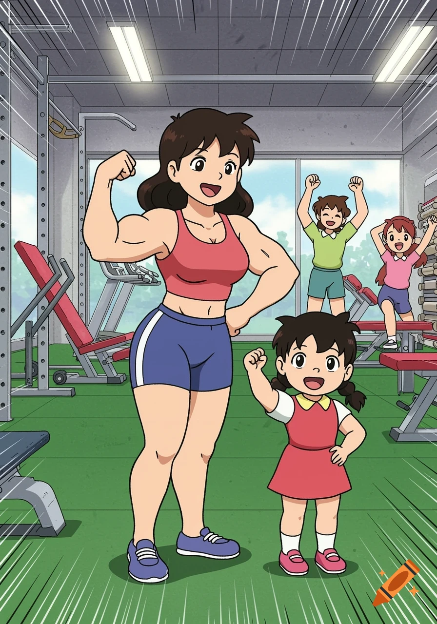 A muscular woman and a small girl flex their muscles in a Japanese cartoon style gym, surrounded by gym equipment.
