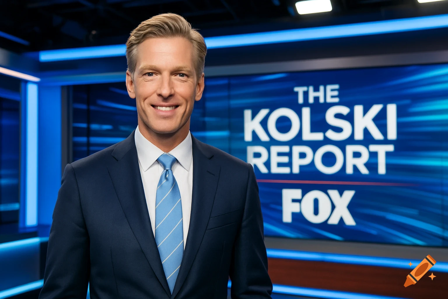 Smiling blonde man in a navy suit and striped blue tie in a news studio with "THE KOLSKI REPORT FOX" on the screen.