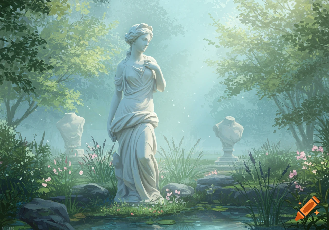 A classical white statue of a draped woman stands by a pond in a misty, lush garden with trees and flowering plants, other headless busts in the background.