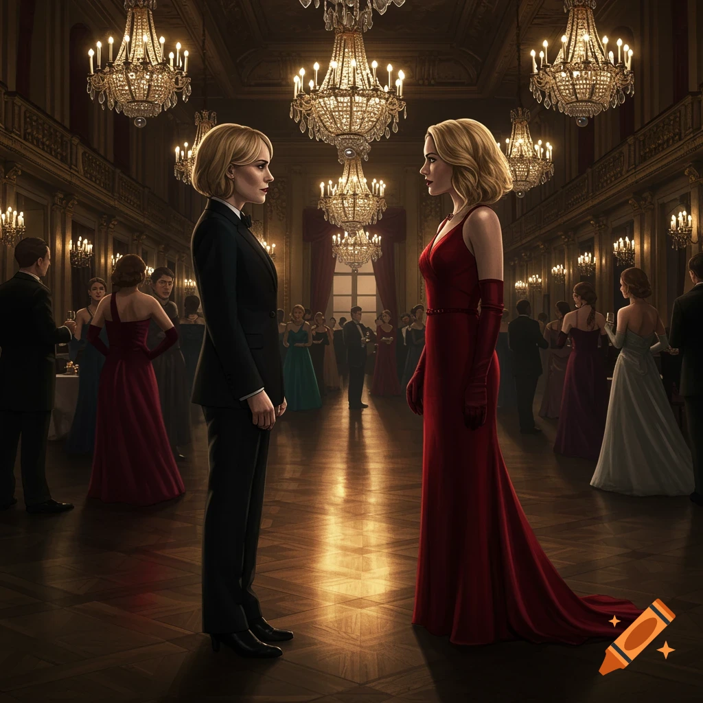 Two women, one in a black suit and the other in a red gown, stand face-to-face in a lavish ballroom with chandeliers and blurred guests.