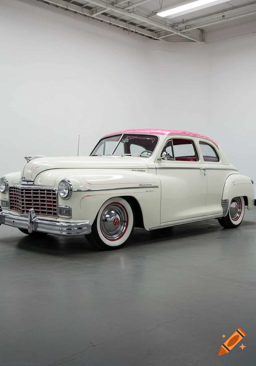 A pearl white 1947 Dodge Deluxe sedan with a pink lacework roof, pinstriping, whitewall tires, and gunmetal grey artillery wheels, parked in a white studio.