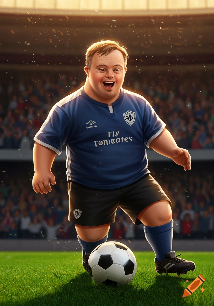 A happy man with Down syndrome in a blue football kit dribbles a soccer ball on a sunny stadium field.
