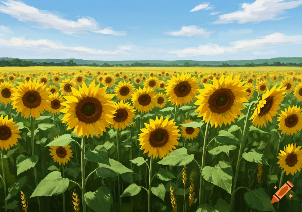 A vibrant field of bright yellow sunflowers under a clear blue sky with white clouds, rendered in an illustrative style.