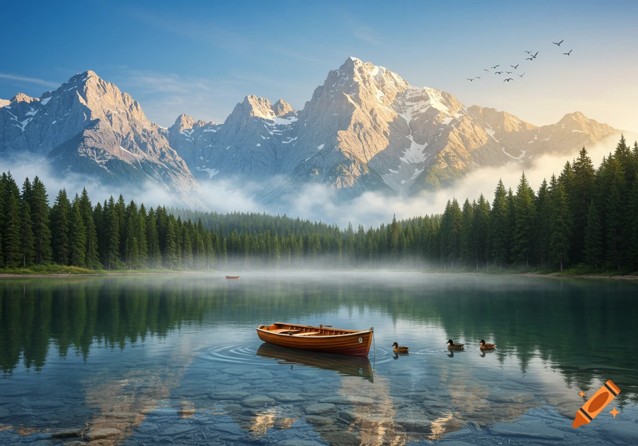 A serene morning landscape with a wooden boat and ducks on a clear lake, surrounded by a pine forest and towering snowy mountains under a blue sky.