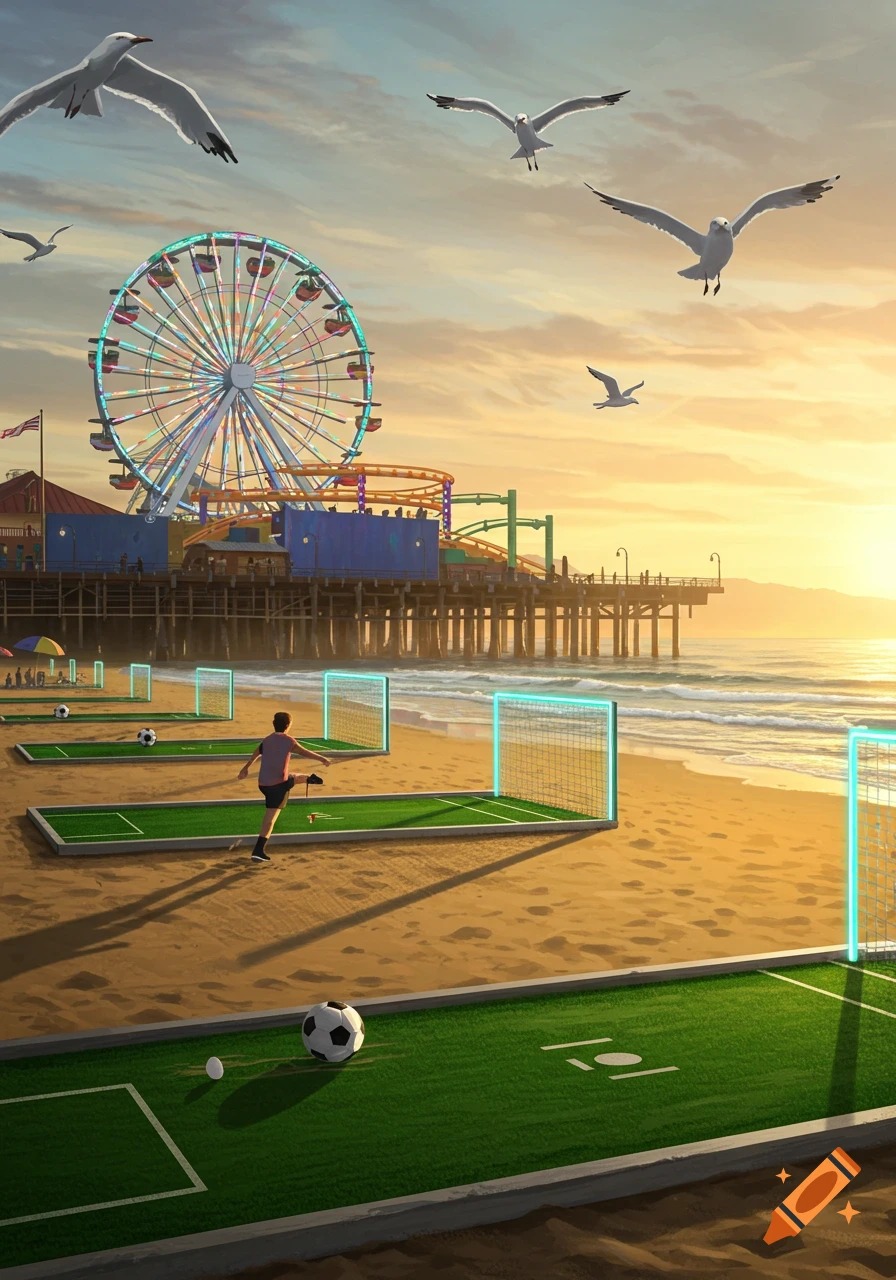 A person plays soccer on green mats with neon goals on a sandy beach, with a pier and Ferris wheel in the background at sunset. Seagulls fly overhead.