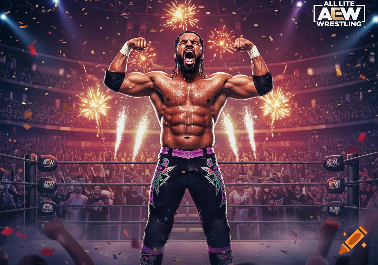 Muscular male wrestler flexing in a ring, surrounded by fireworks and a cheering crowd at a sports event.