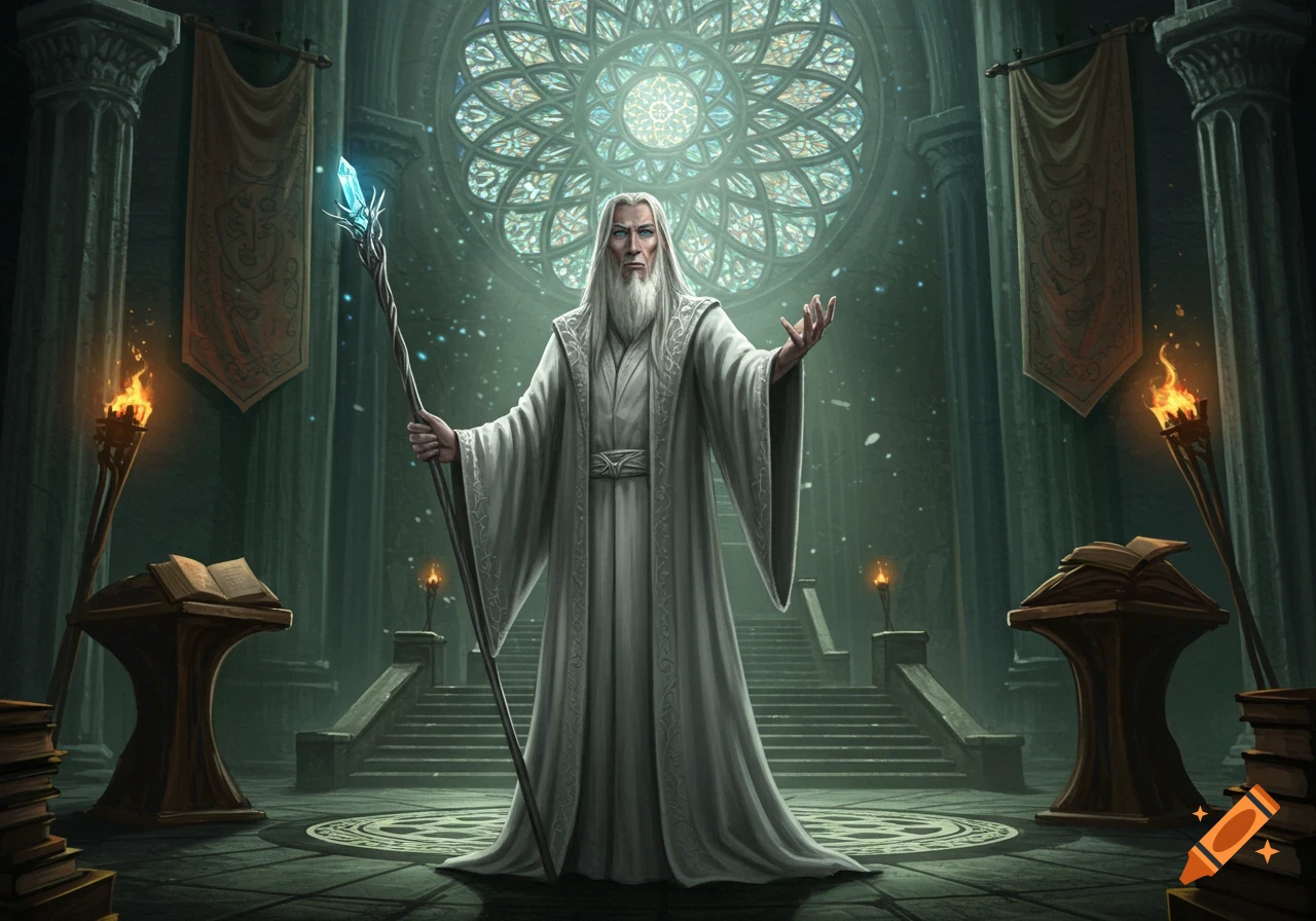 An old wizard in white robes holding a glowing staff in a grand hall with a stained-glass window.