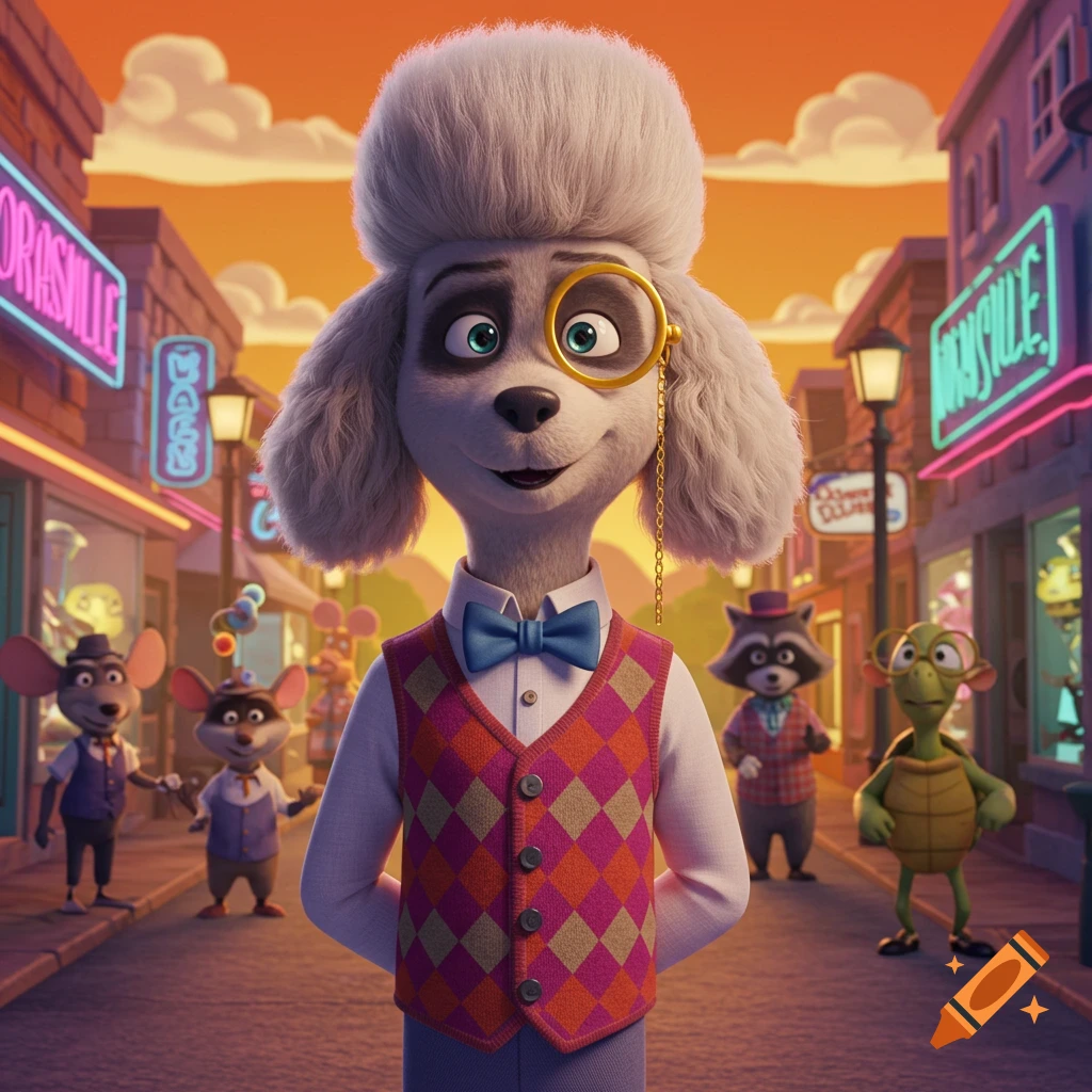 A stylish anthropomorphic poodle wearing a vest and monocle stands in a vibrant animated street scene with other animal characters and neon signs at sunset.
