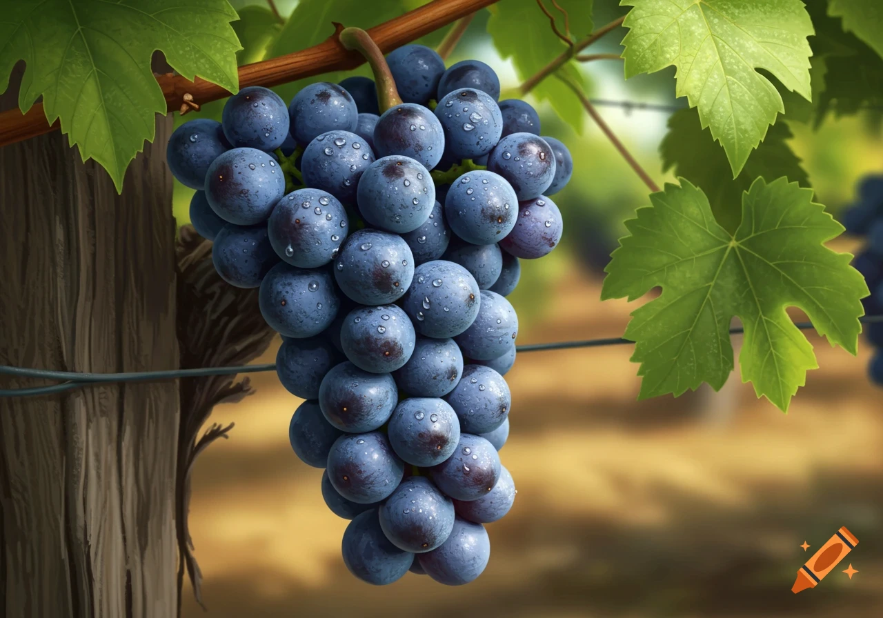 A close-up of a vibrant bunch of purple grapes with water droplets, hanging from a vine amidst green leaves in a vineyard.