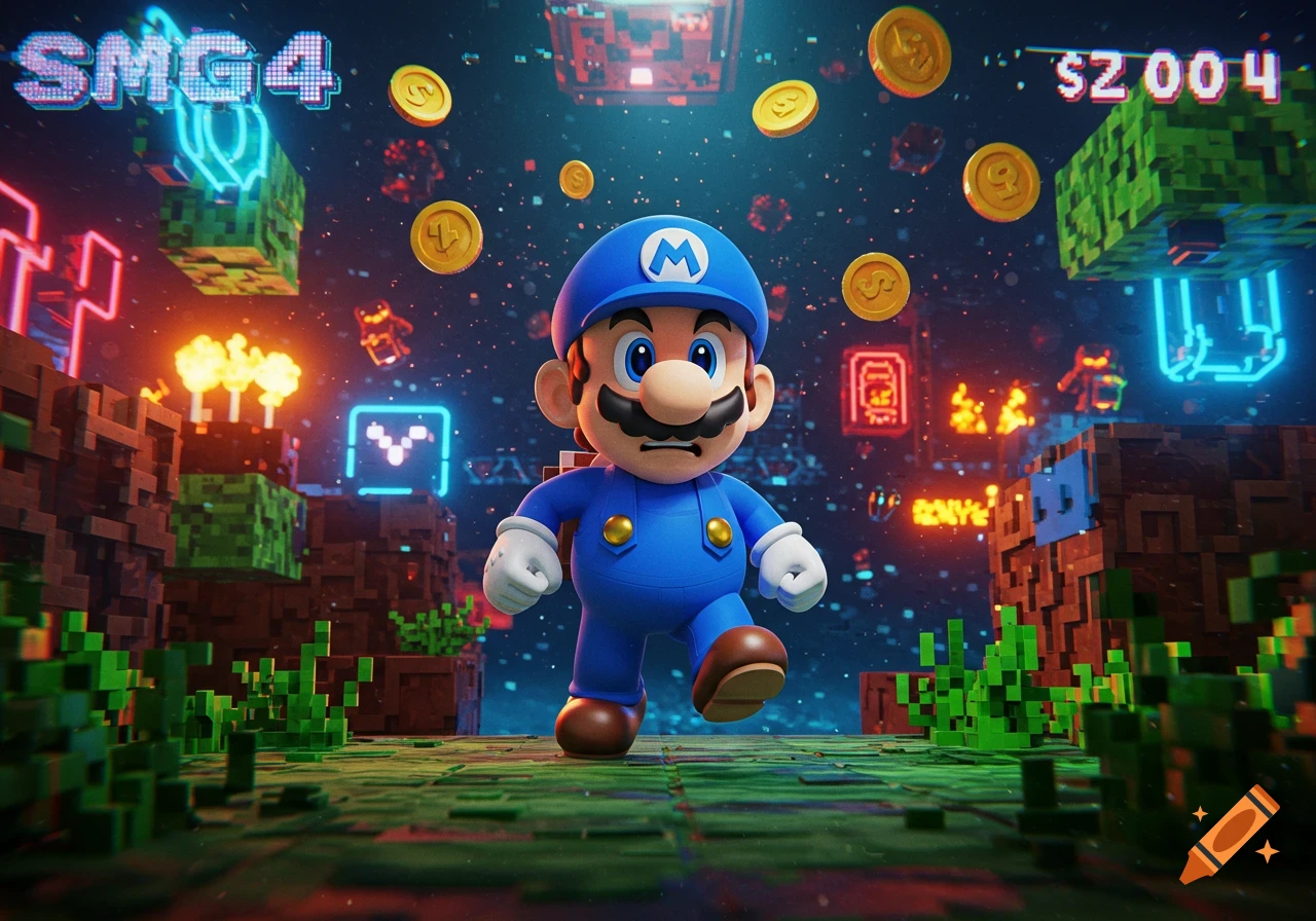 A blue Mario-like character in a pixelated, neon-lit digital world with floating coins and "SMG4" text.