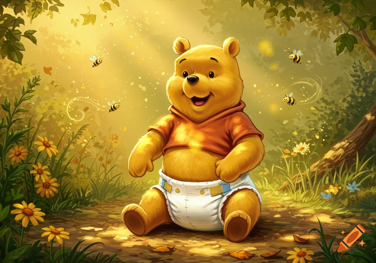 Baby Winnie the Pooh in a diaper sits in a sunny forest clearing surrounded by flowers and flying bees in a charming cartoon style.