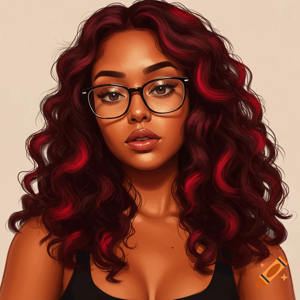 Illustrative portrait of a woman with dark skin, curly red and black hair, and black glasses.