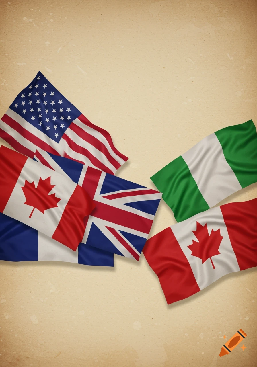Waving flags of the USA, Canada, United Kingdom, France, and Nigeria on a textured parchment background.