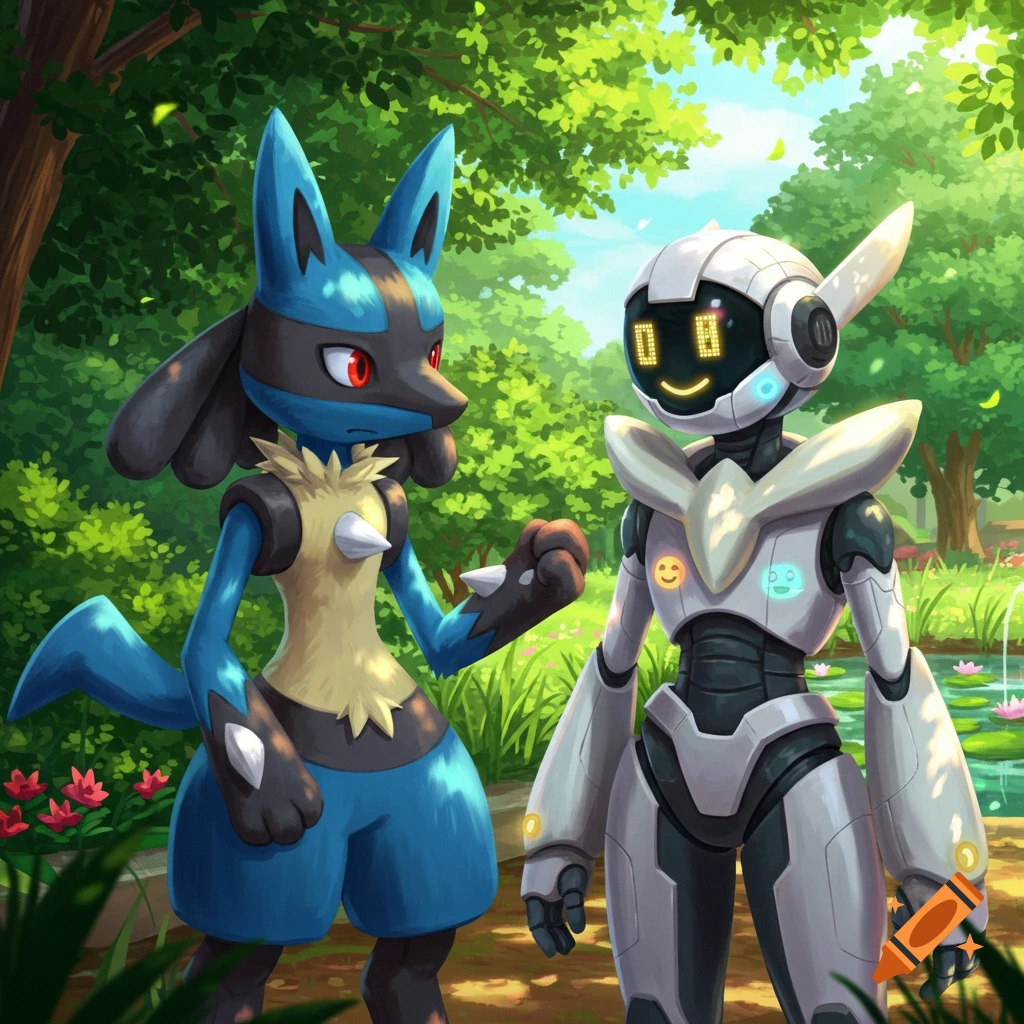 Lucario and a white Protogen robot having a conversation in a lush green forest, cartoon style.