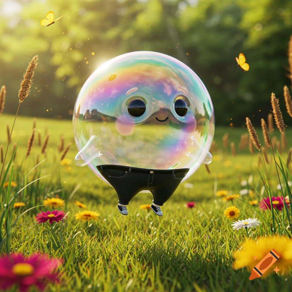 A cute, iridescent bubble character in black jeans floats in a sunny field with flowers and butterflies.