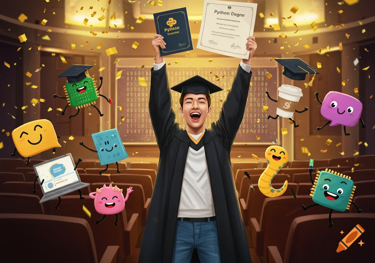 A joyous person in a graduation cap and gown holds up a 'Python Degree' certificate, surrounded by confetti and cheerful cartoon coding mascots in an auditorium setting.