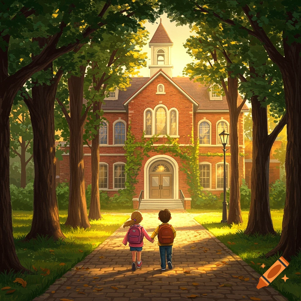Illustration of two children with backpacks walking hand-in-hand down a sunlit path towards a grand brick school building surrounded by trees.