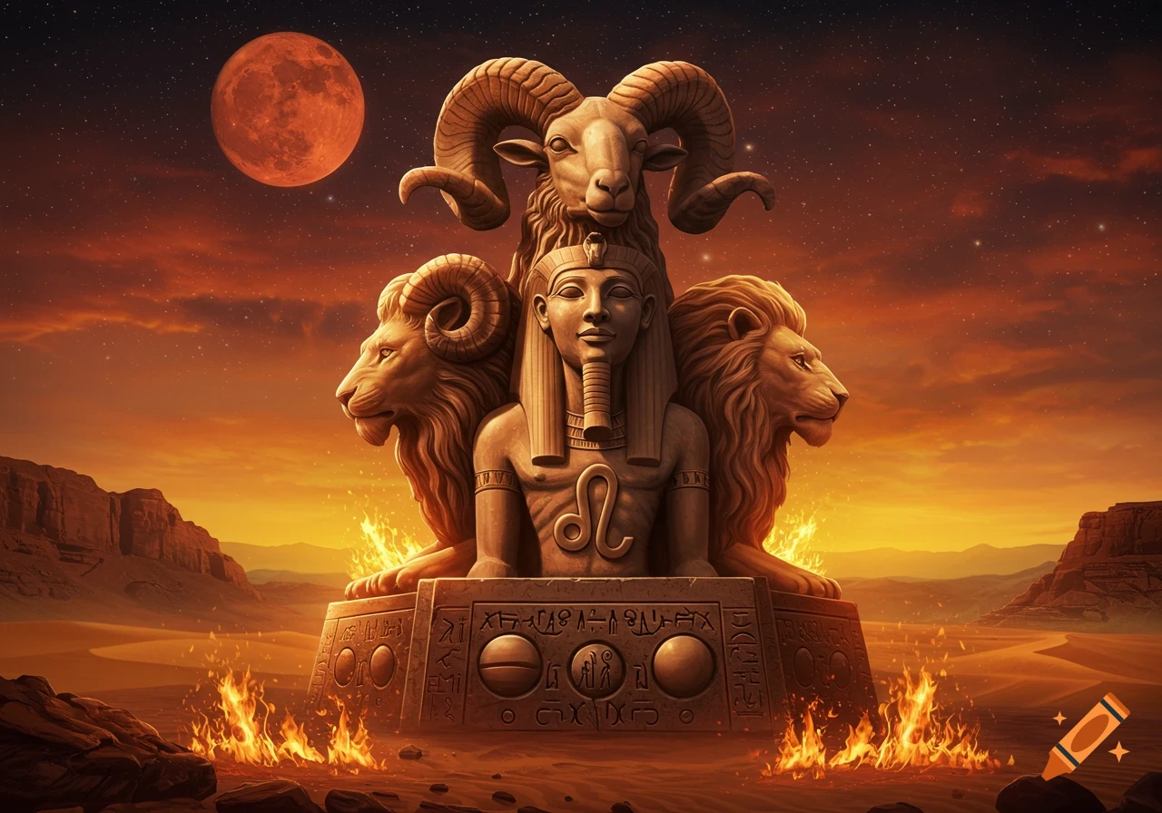 Ancient Egyptian-style sculpture featuring a human figure, ram, and lions, engulfed in fire within a desert under a red blood moon.