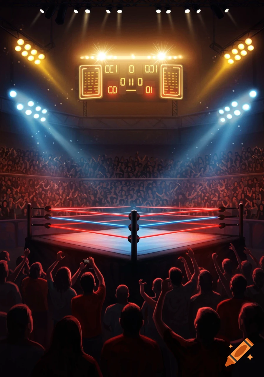 A vibrant, spotlighted wrestling ring in a packed arena, surrounded by a silhouetted crowd and a scoreboard above.