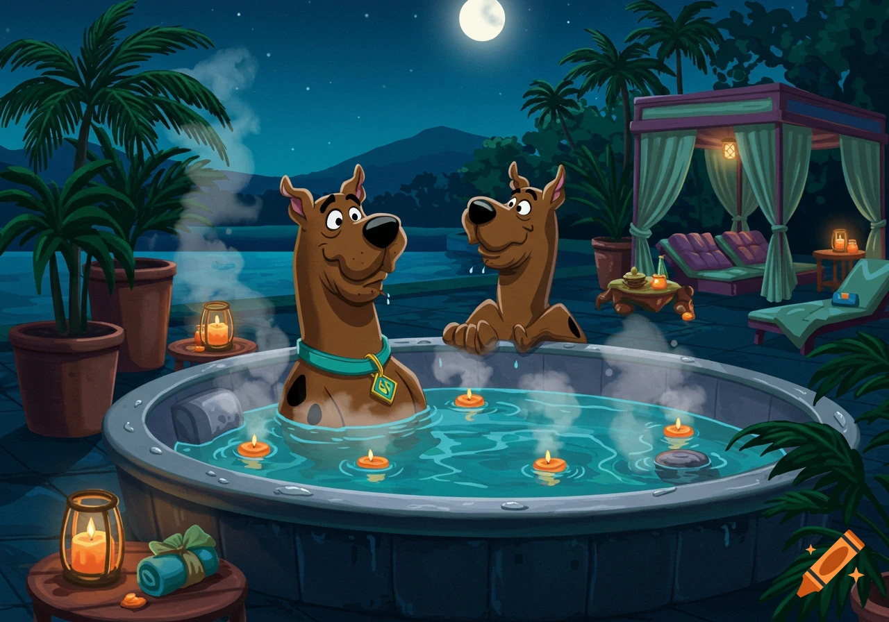 Two cartoon dogs resembling Scooby-Doo and Shaggy relaxing in a hot tub at night under a full moon, surrounded by palm trees and outdoor furniture.
