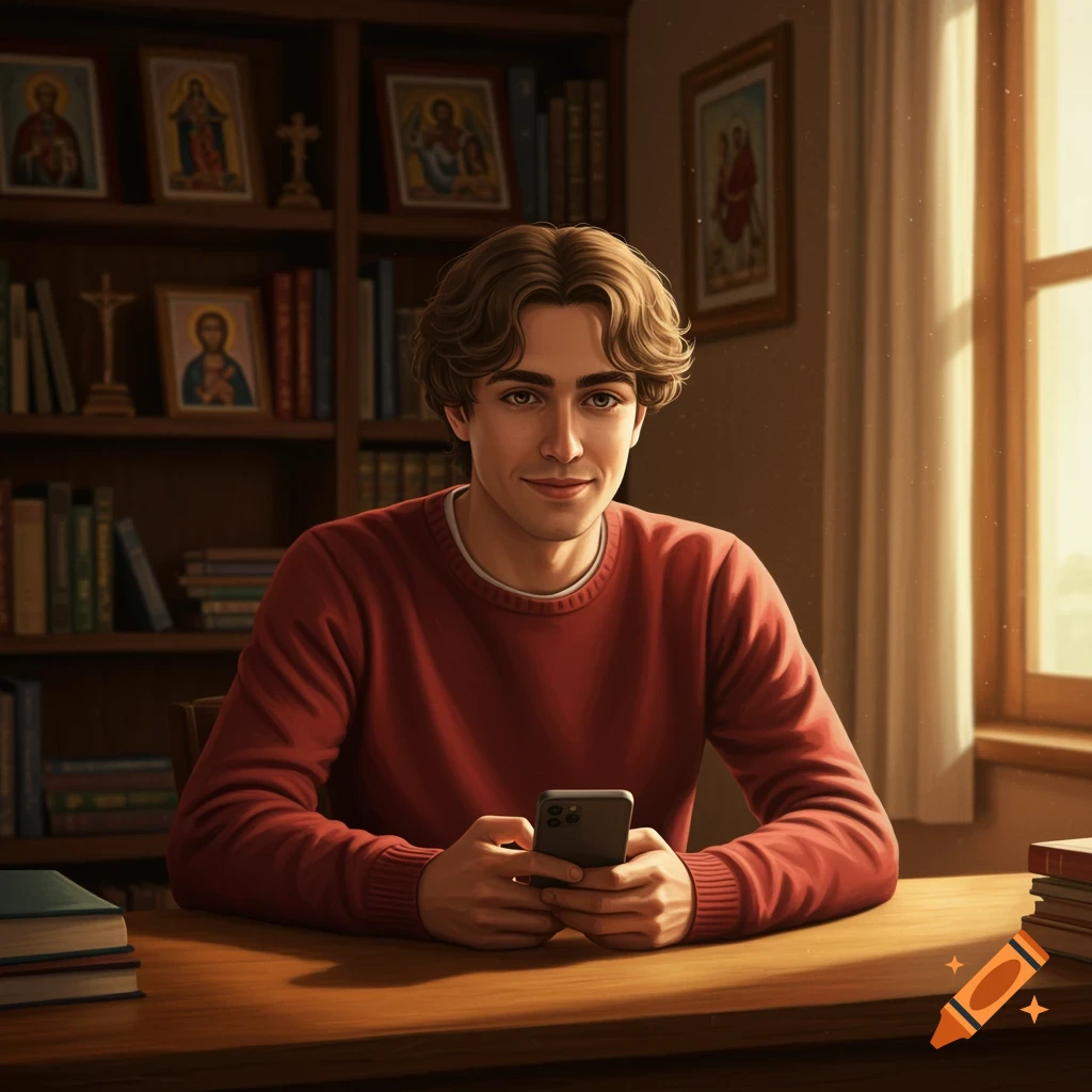 A young man in a red sweater smiles, holding a phone at a desk, with religious icons on a bookshelf behind him, by a sunlit window.