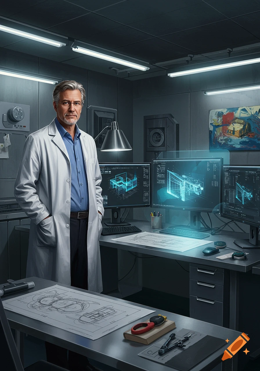 A distinguished man in a white lab coat stands with hands in pockets in a high-tech engineering office, surrounded by glowing computer monitors displaying blueprints and technical drawings.