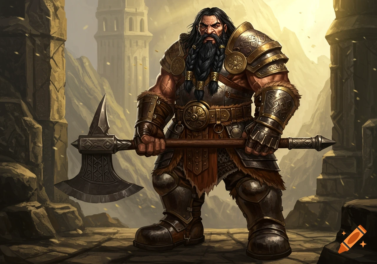 Muscular black-haired dwarf warrior in ornate armor holding a large battle axe, standing in stone ruins.