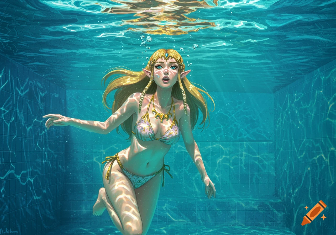 Princess Zelda in a bikini swimming underwater in a bright blue swimming pool, digital art.