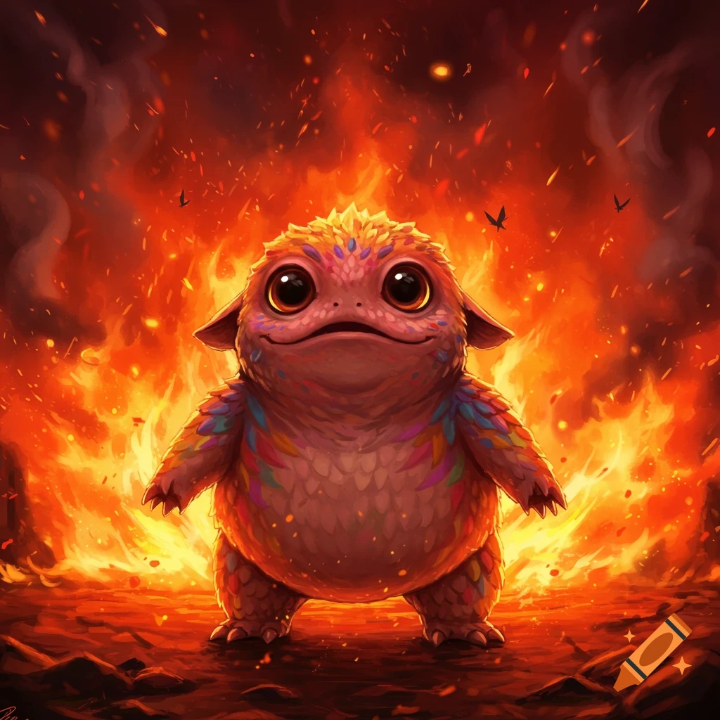 A cute, round creature with colorful scales stands on rocky ground surrounded by roaring orange and red flames in a digital painting.