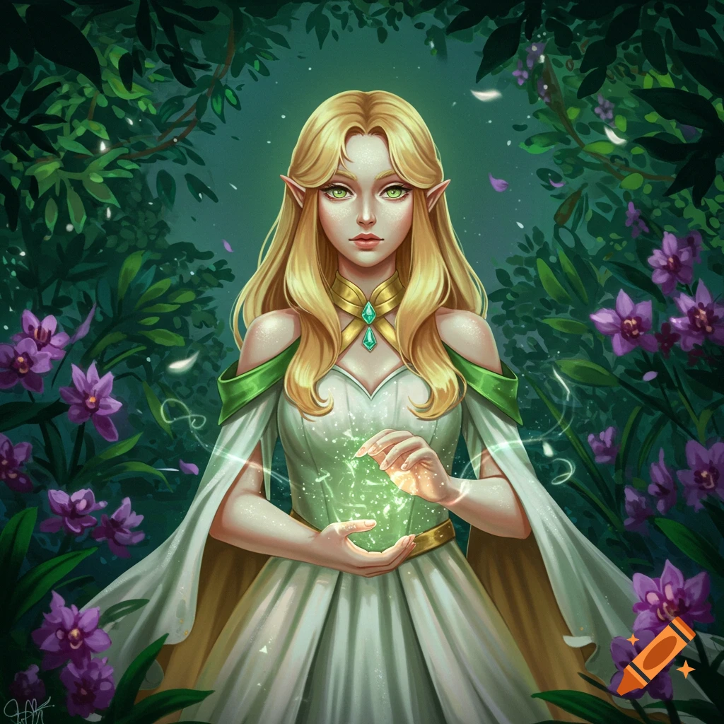 A fantasy illustration of a blonde elf woman with green eyes, wearing a white and green dress, holding glowing magic in a forest with purple flowers.