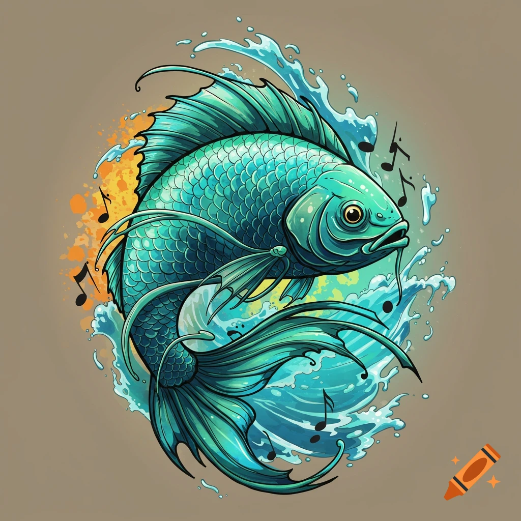 A vibrant, stylized teal fish with scales and fins, surrounded by splashing water and black musical notes, on a plain background. The illustration has a tattoo art style.