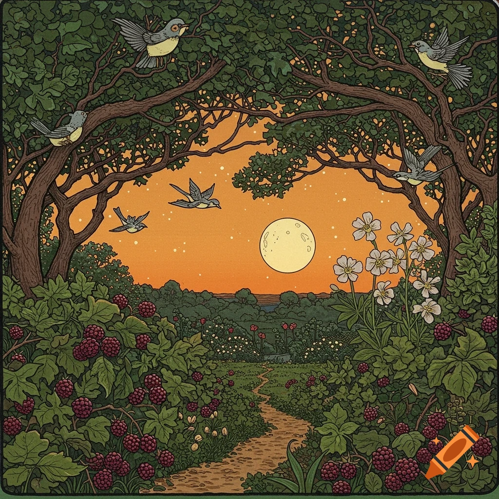 An illustrated woodcut-style landscape at sunset with a full moon, a winding path through berry bushes and flowers, and birds in trees.