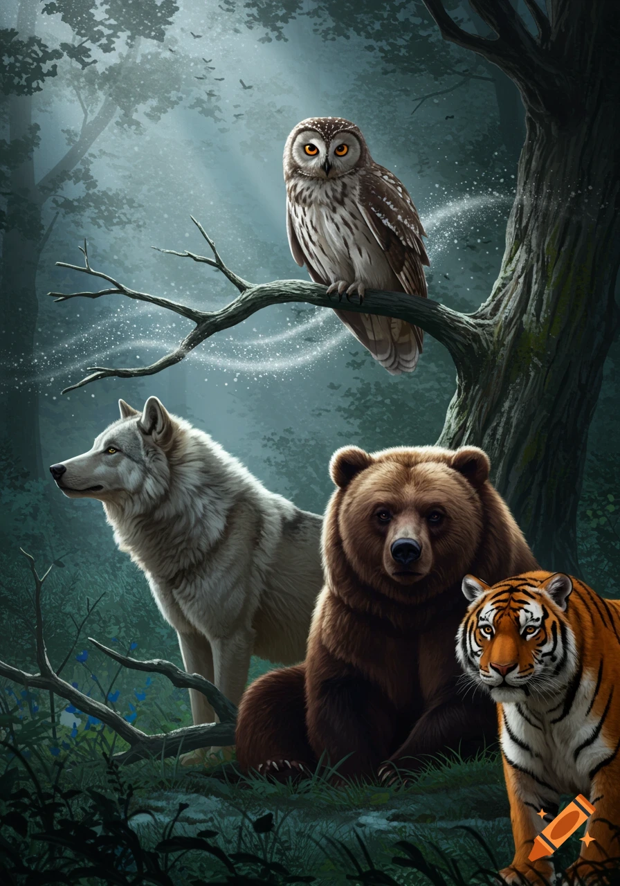 An owl perches on a branch above a grey wolf, a brown bear, and a tiger in a dark, mystical forest with glowing light.