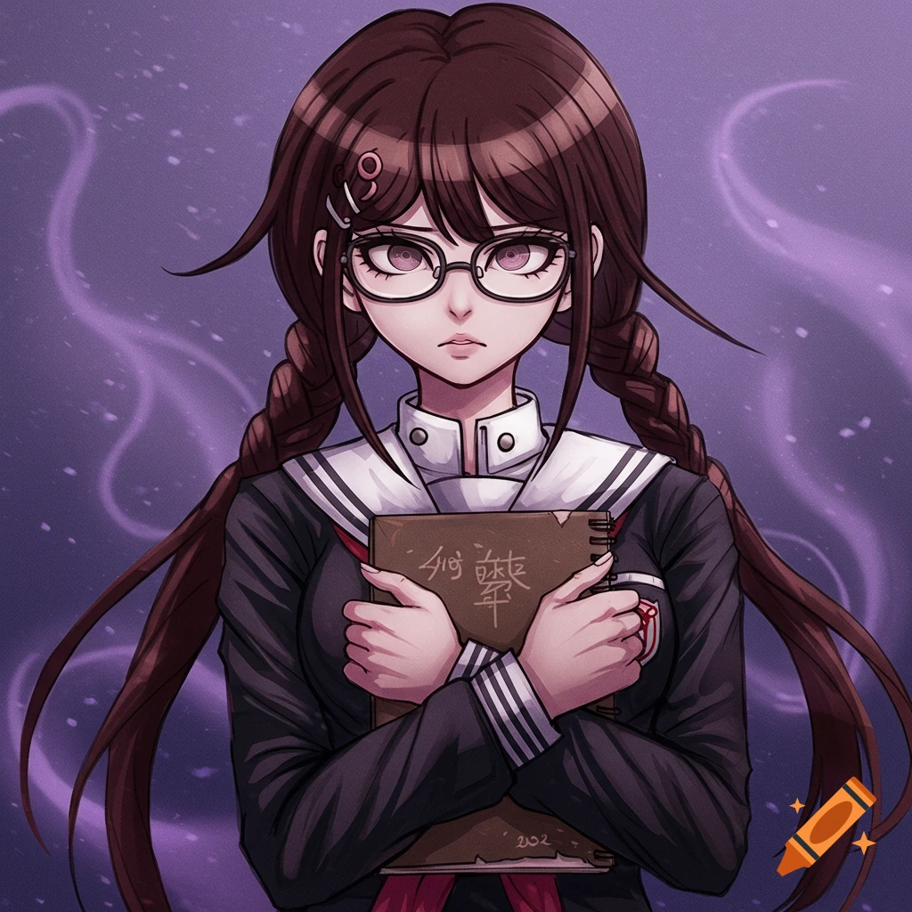 An anime-style girl with long brown braided hair and glasses, wearing a dark school uniform, holds a brown notebook to her chest. She has a serious expression against a purple, starry background with wisps of smoke.