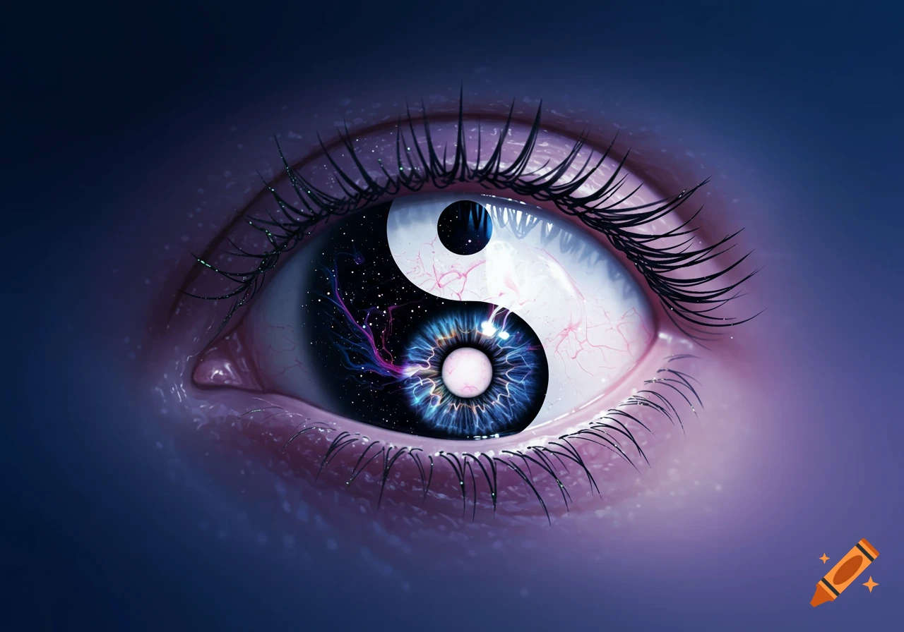 A stylized human eye with a Yin Yang symbol as the iris, one half showing a starry galaxy and the other white with veins, with a blue pupil.
