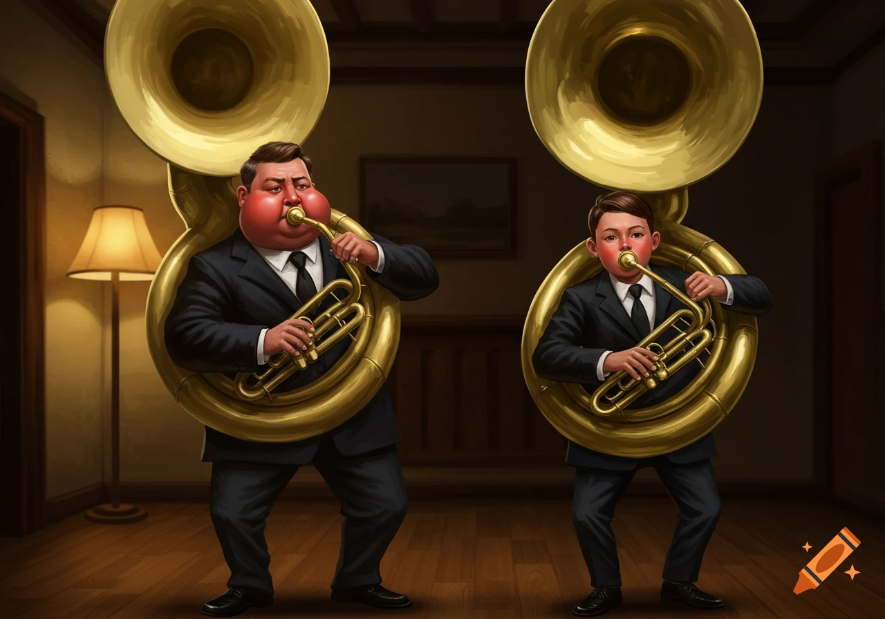 A cartoon father and son in suits struggle to play large brass sousaphones, their cheeks puffed red, in a room.