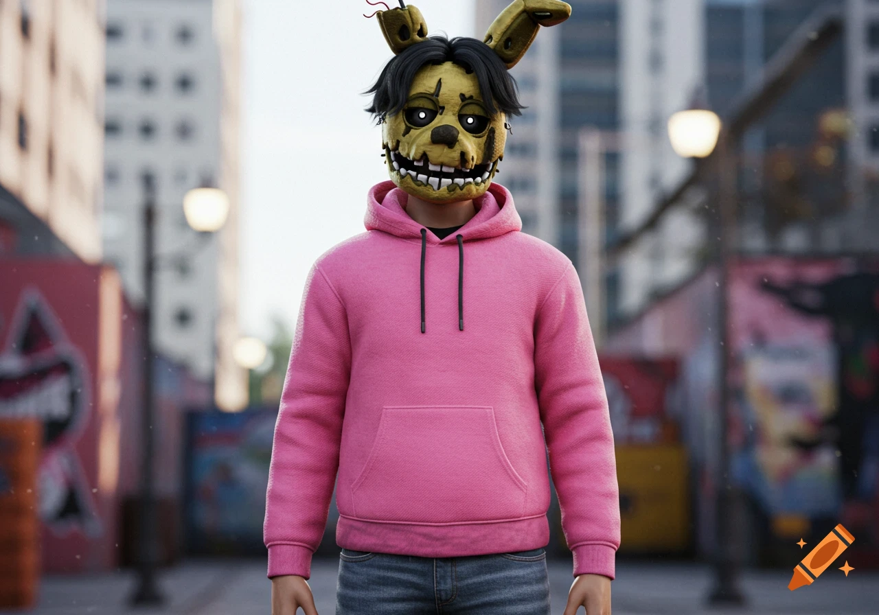 A person with black hair wearing a pink hoodie, blue jeans, and a smiling yellow Springtrap mask stands in an urban alley.