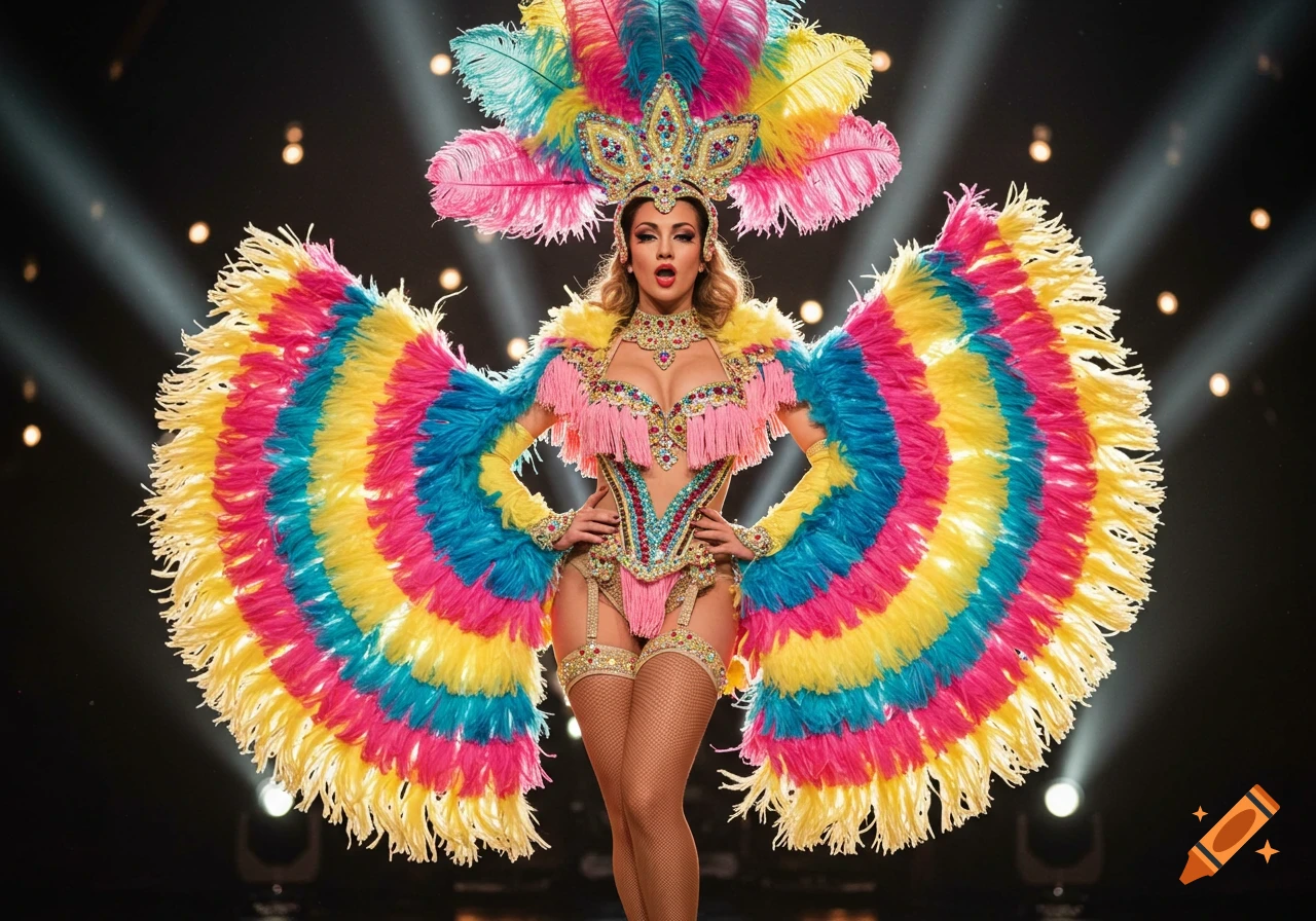 A woman in a vibrant, colorful burlesque carnival costume with large feathered wings and an elaborate headdress, standing on a dark stage.