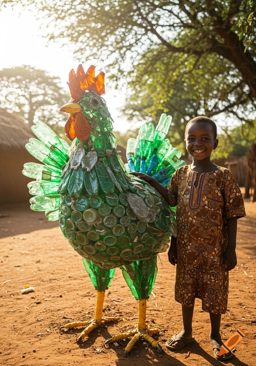 Smiling African child stands next to a large chicken sculpture made from green plastic bottles outdoors in a sunny, rural setting.