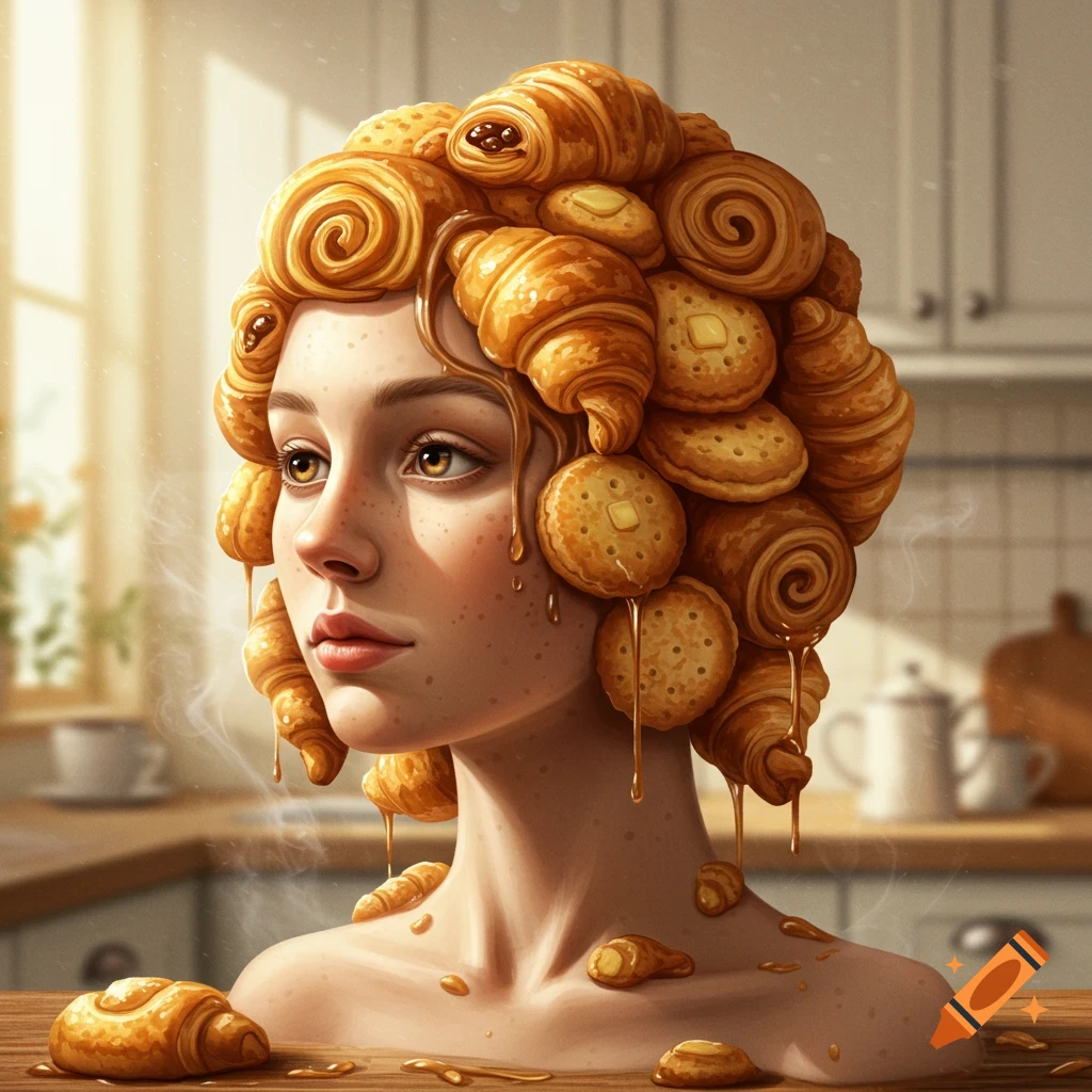 A woman with hair made of croissants and biscuits, dripping with honey, in a kitchen setting. Surreal, photorealistic style.