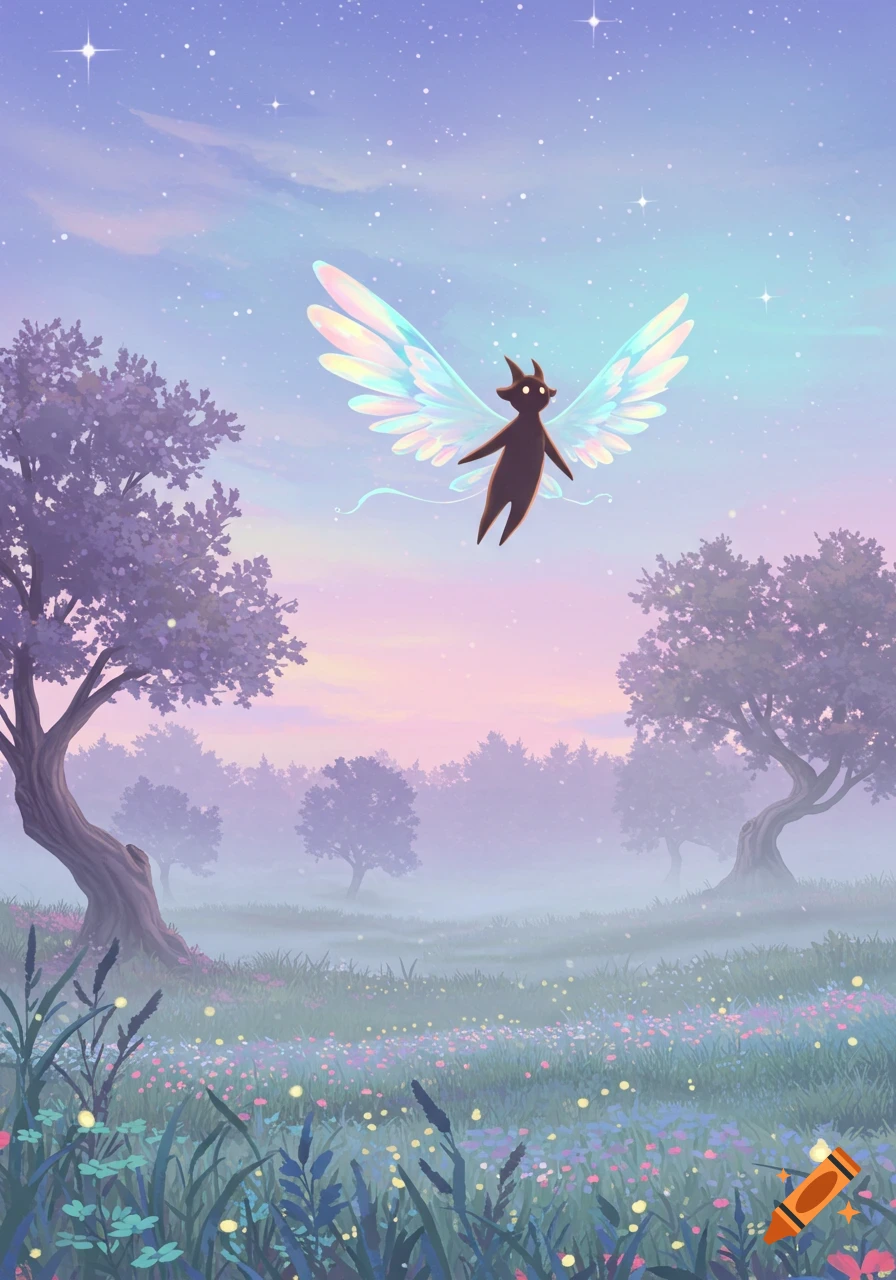 A whimsical dark creature with iridescent wings floats over a misty field of colorful flowers and trees under a starry, pastel sky.