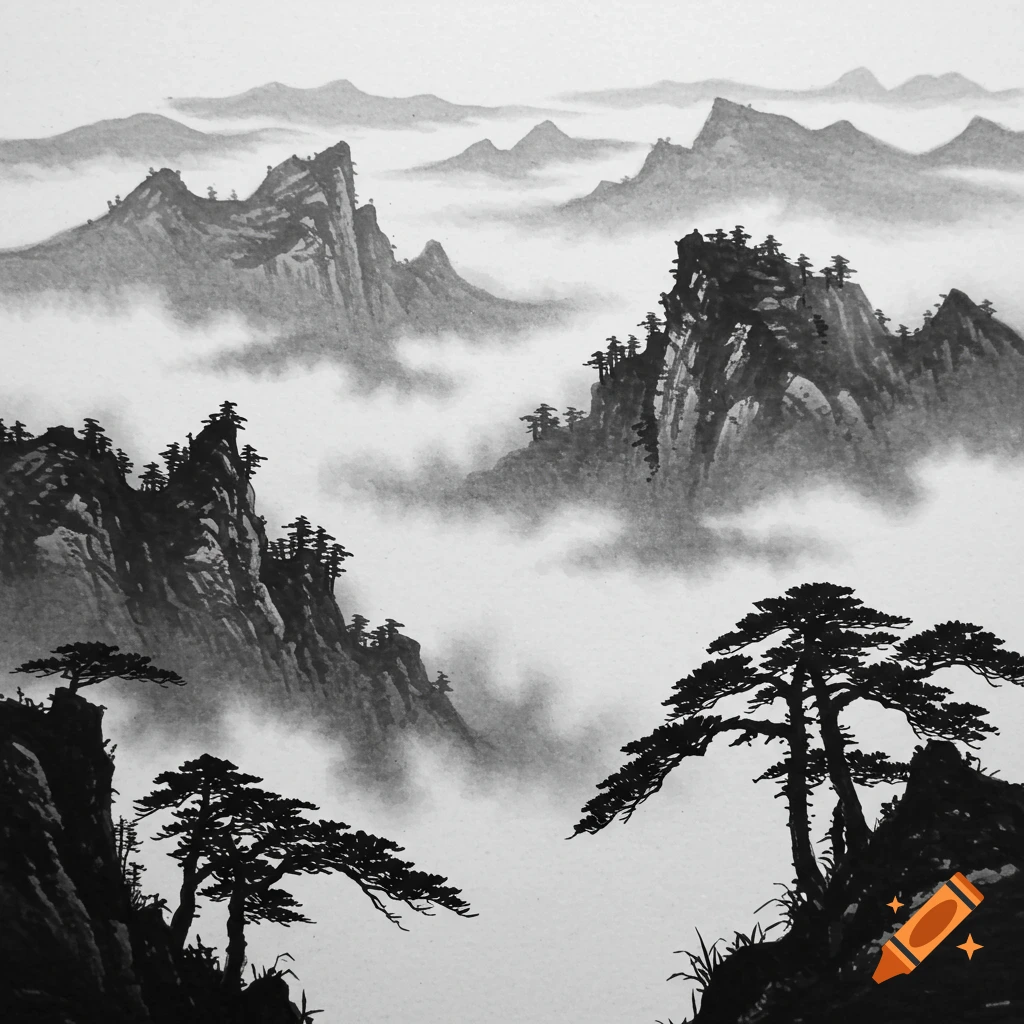 Black and white ink painting of jagged mountains shrouded in swirling fog, with pine trees in the foreground. Asian art style.