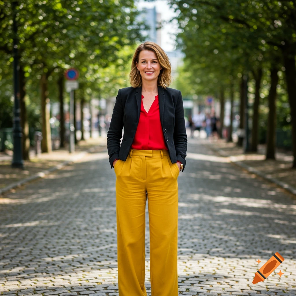 Smiling woman in a black blazer, red shirt, and yellow pants standing on a cobblestone street lined with trees.
