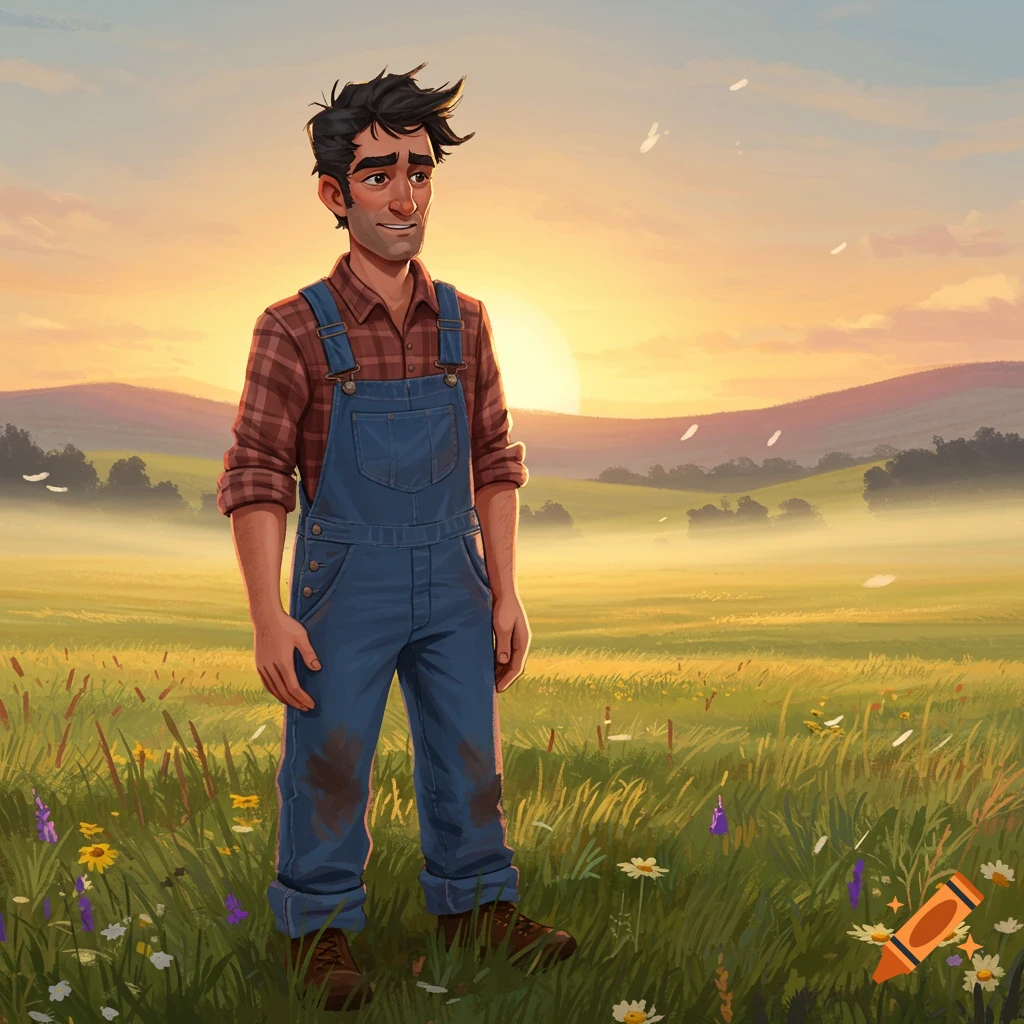 An animated man with dark hair wearing overalls stands in a sunny field at sunset.